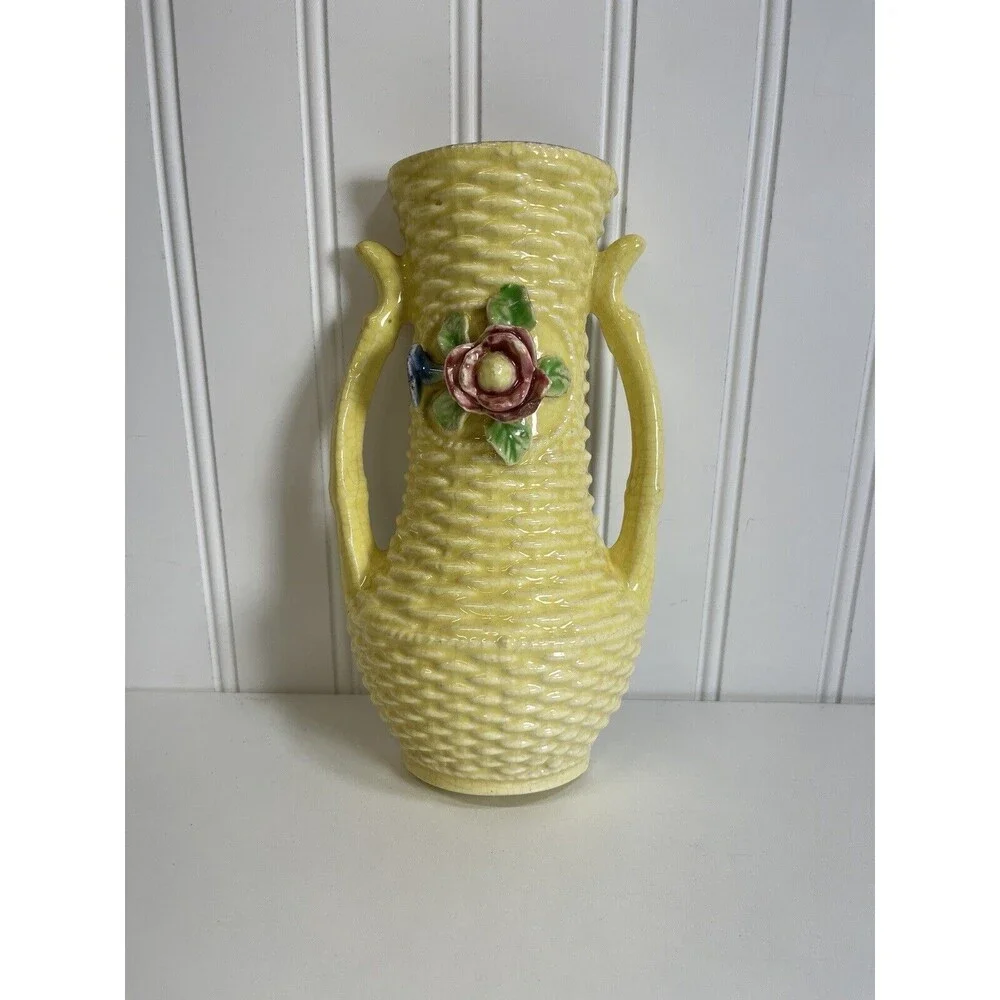 Vintage Japanese Basketweave Yellow Wall Pocket‎ with Pink/Blue Flowers.